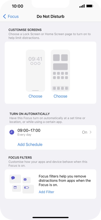 Press Add Schedule and follow the instructions on the screen to select settings for automatic activation of Do Not Disturb. Press Add Schedule and follow the instructions on the screen to select settings for automatic activation of Do Not Disturb.