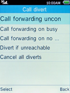 Select the required divert type and press the Left selection key.