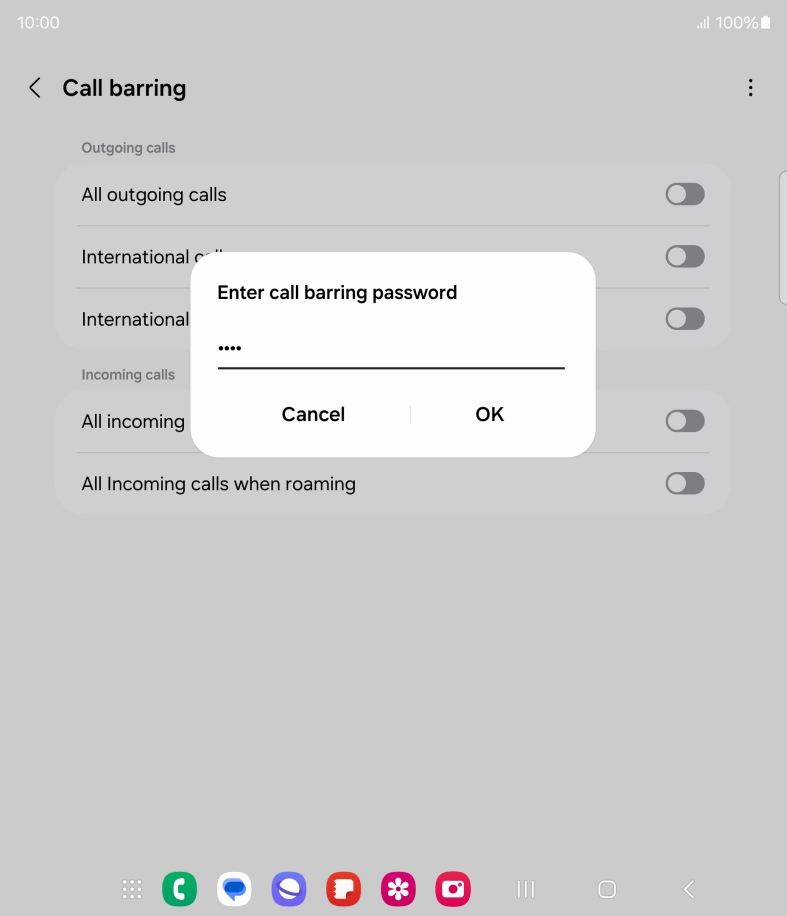Key in your barring password and press OK. The default barring password is 0000.