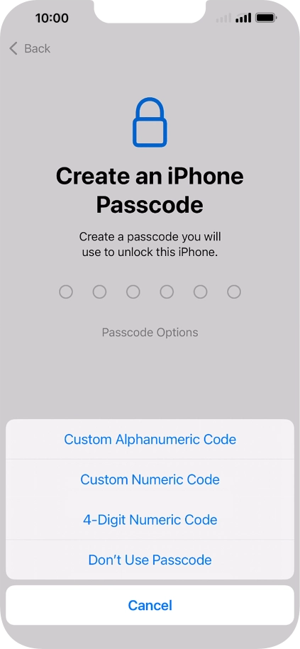 Follow the instructions on the screen to turn on use of phone lock code or press Don't Use Passcode.
