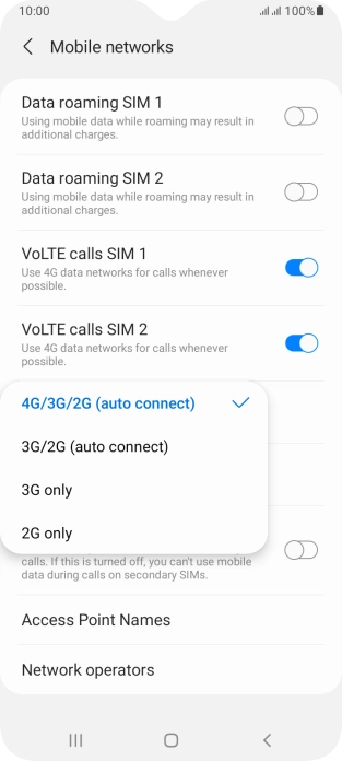 Press the required network mode.