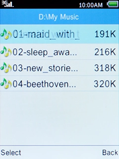 Select the required audio file and press the Left selection key.