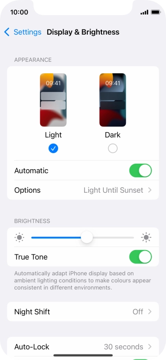 If you turn on the function, press Options and follow the instructions on the screen to select the required period of time for Dark Mode. If you turn on the function, press Options and follow the instructions on the screen to select the required period of time for Dark Mode.