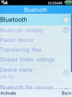 Select Bluetooth and press the Left selection key to turn on Bluetooth.