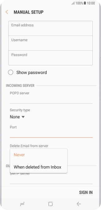 Press Never to keep email messages on the server when you delete them on your phone.