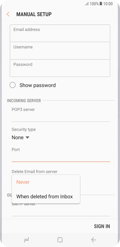 Press Never to keep email messages on the server when you delete them on your phone.