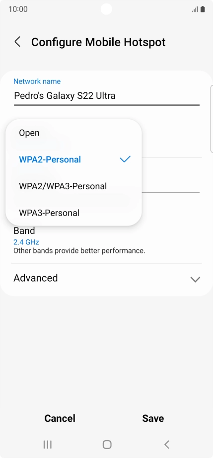 Press WPA3-Personal to password protect your Wi-Fi hotspot.