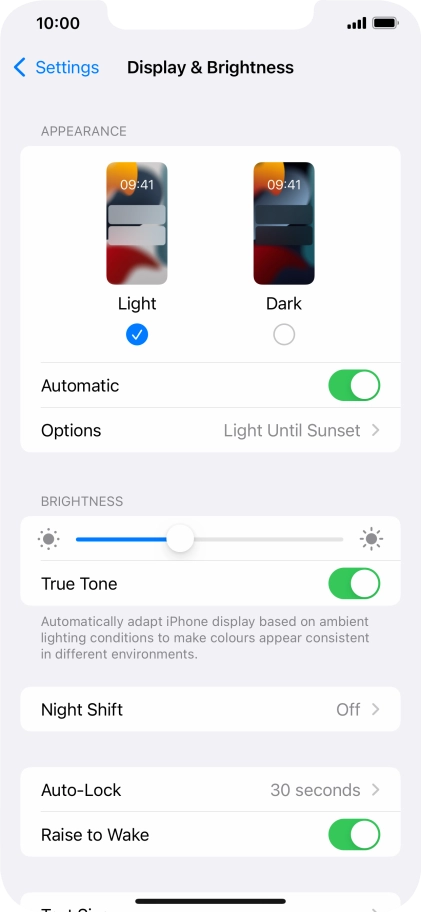 If you turn on the function, press Options and follow the instructions on the screen to select the required period of time for Dark Mode.