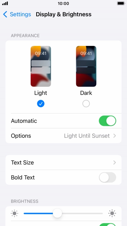 If you turn on the function, press Options and follow the instructions on the screen to select the required period of time for Dark Mode.