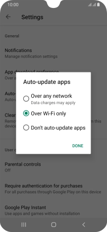 To turn on automatic update of apps using mobile network, press Over any network.