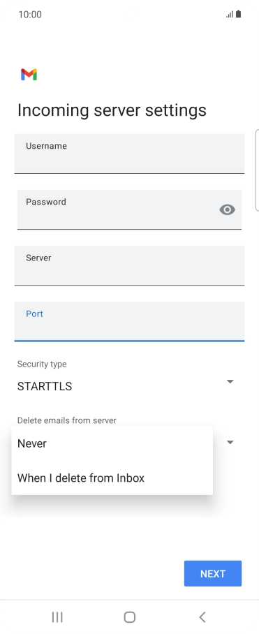 Press Never to keep email messages on the server when you delete them on your phone.