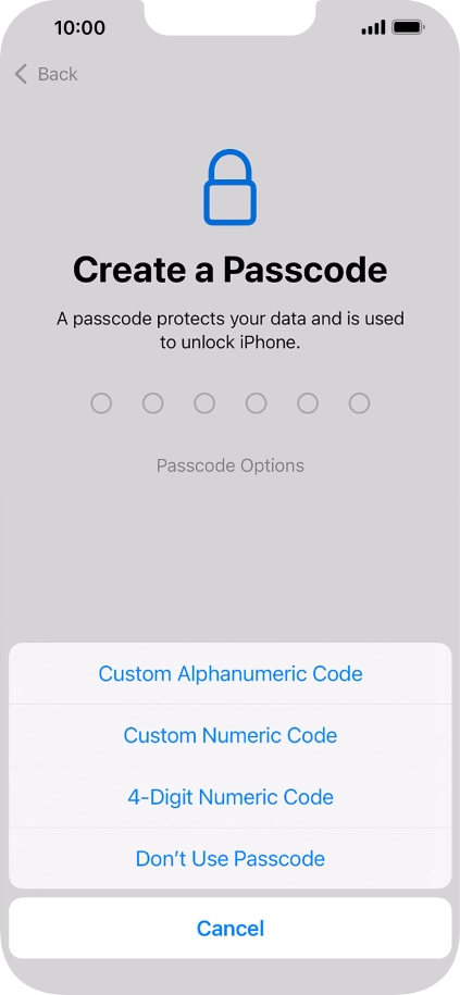 Follow the instructions on the screen to turn on use of phone lock code or press Don't Use Passcode.