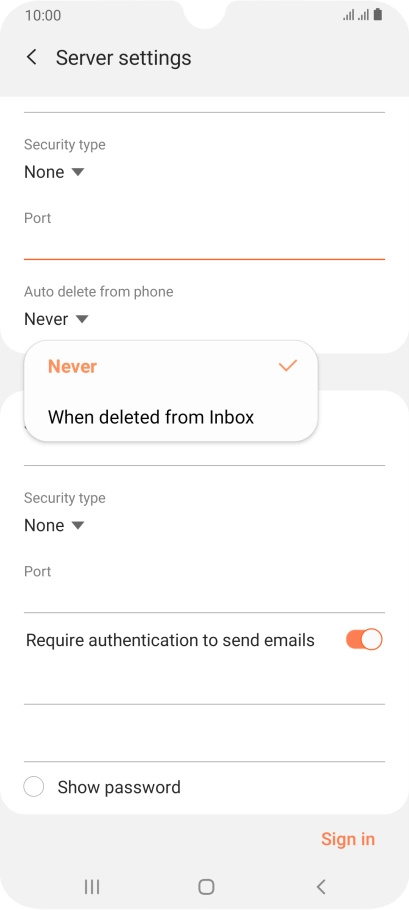 Press Never to keep email messages on the server when you delete them on your phone.