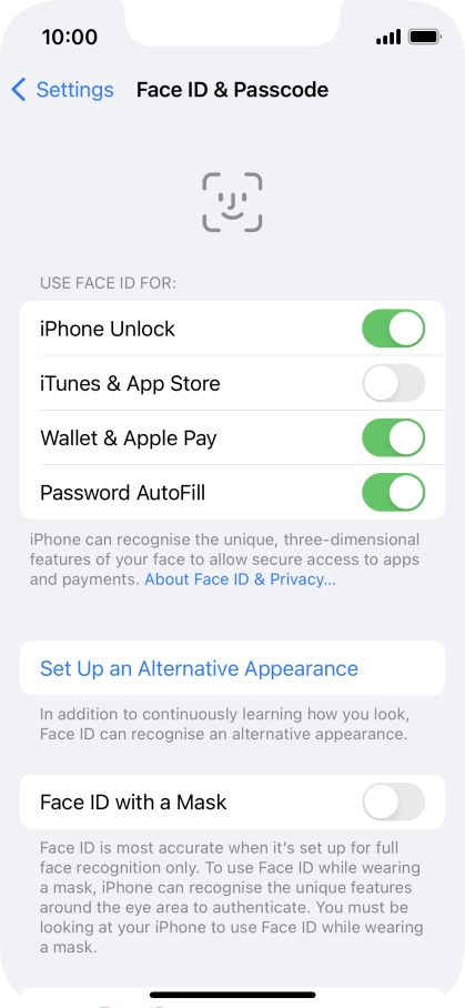 Press the indicators next to the required settings to turn them on or off.