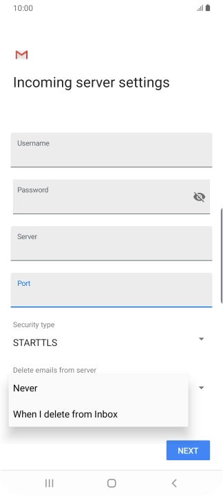 Press Never to keep email messages on the server when you delete them on your phone.