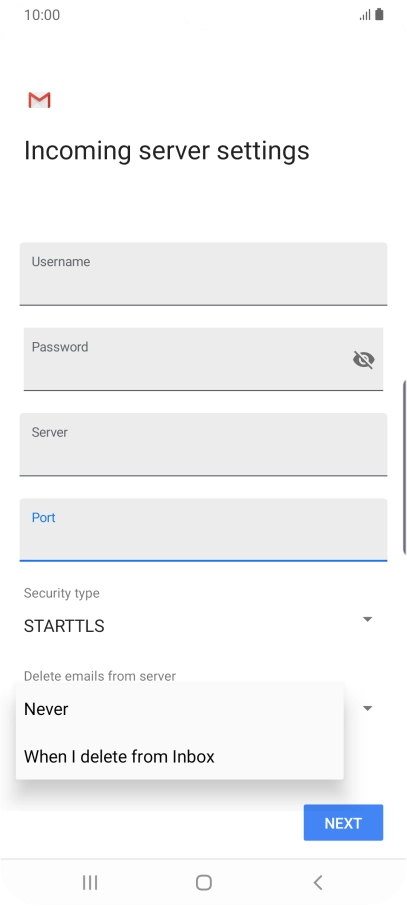 Press Never to keep email messages on the server when you delete them on your phone.