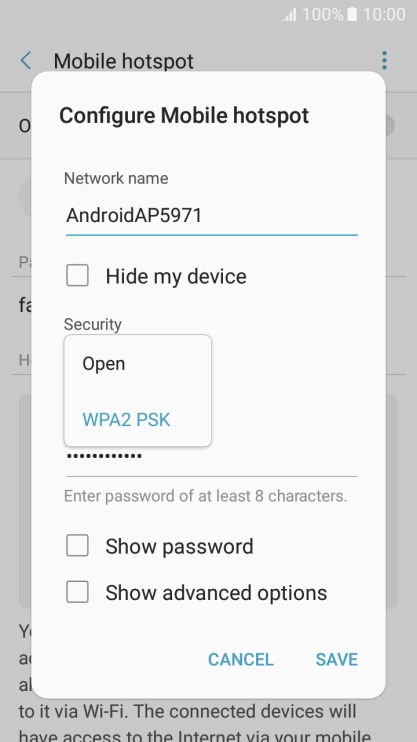 Press WPA2 PSK to password protect your Wi-Fi hotspot.