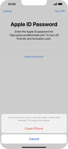 Key in the password for your Apple ID and press Erase iPhone. Wait a moment while the factory default settings are restored. Follow the instructions on the screen to set up your phone and prepare it for use.