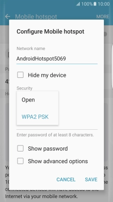Press WPA2 PSK to password protect your Wi-Fi hotspot.