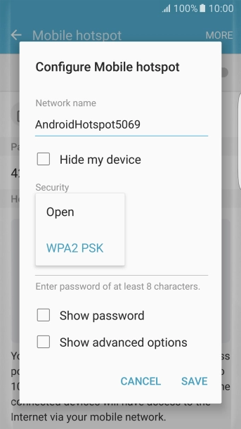 Press WPA2 PSK to password protect your Wi-Fi hotspot.