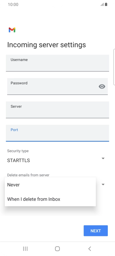 Press Never to keep email messages on the server when you delete them on your phone. Press Never to keep email messages on the server when you delete them on your phone.