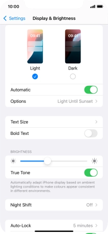 If you turn on the function, press Options and follow the instructions on the screen to select the required period of time for Dark Mode.