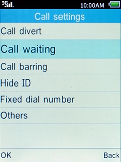 Select Call waiting and press the Left selection key. Select Call waiting and press the Left selection key.