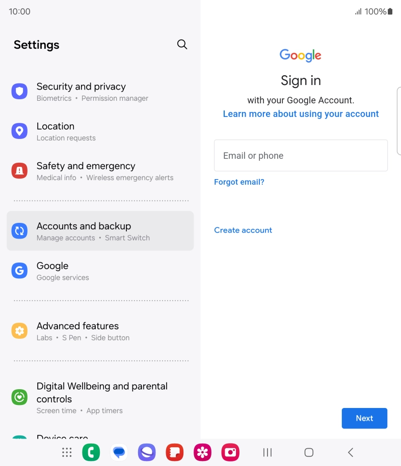 If you don't have a Google account, press Create account and follow the instructions on the screen to create an account.