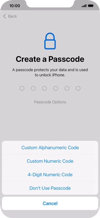 Follow the instructions on the screen to turn on use of phone lock code or press Don't Use Passcode.