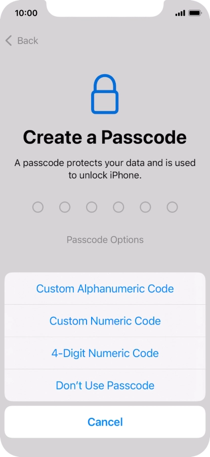 Follow the instructions on the screen to turn on use of phone lock code or press Don't Use Passcode.