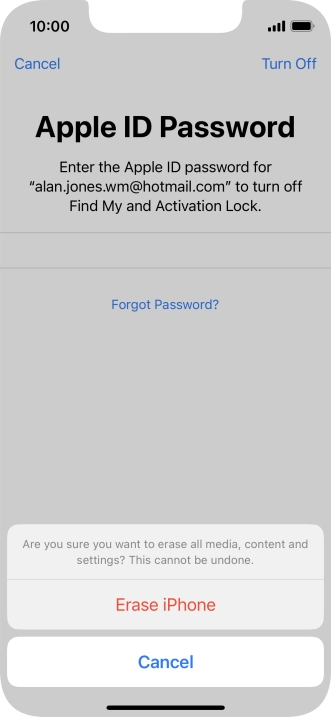 Key in the password for your Apple ID and press Erase iPhone. Wait a moment while the factory default settings are restored. Follow the instructions on the screen to set up your phone and prepare it for use.