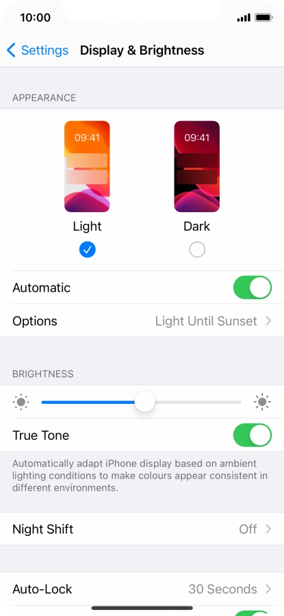 If you turn on the function, press Options and follow the instructions on the screen to select the required period of time for Dark Mode.