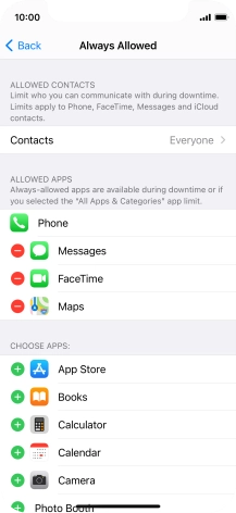 Press the add icon next to the required app to add it to the list of allowed apps during Downtime.
