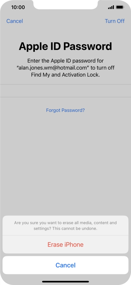 Key in the password for your Apple ID and press Erase iPhone. Wait a moment while the factory default settings are restored. Follow the instructions on the screen to set up your phone and prepare it for use. Key in the password for your Apple ID and press Erase iPhone. Wait a moment while the factory default settings are restored. Follow the instructions on the screen to set up your phone and prepare it for use.