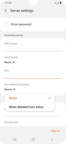 Press Never to keep email messages on the server when you delete them on your phone.