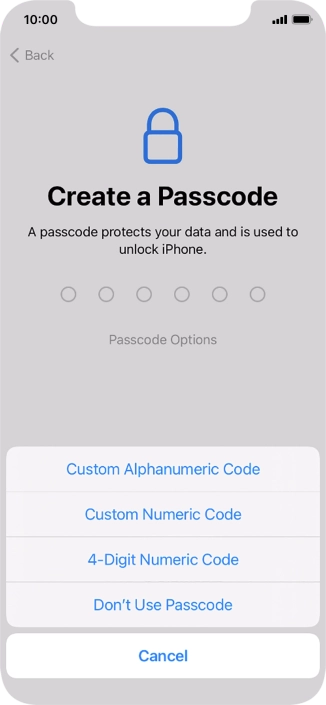 Follow the instructions on the screen to turn on use of phone lock code or press Don't Use Passcode.