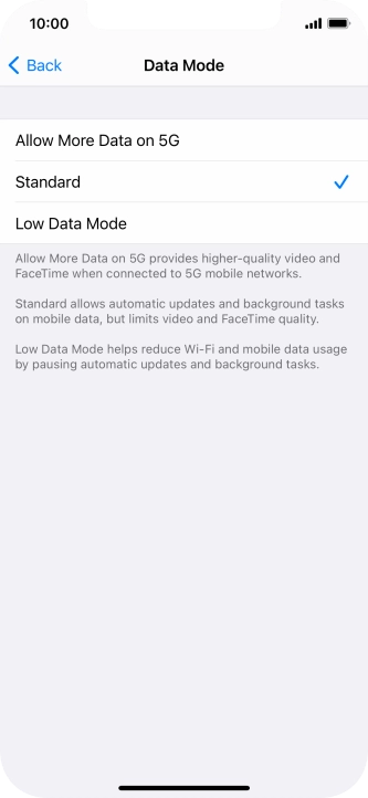 Press the required setting.