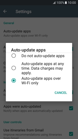 Press Auto-update apps over Wi-Fi only to turn on the function.