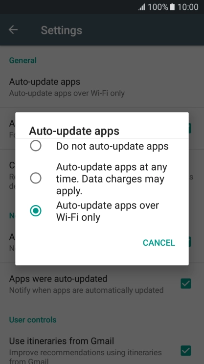 Press Auto-update apps over Wi-Fi only to turn on the function.