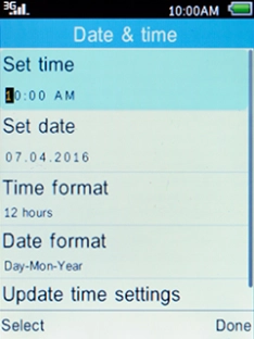 Select Update time settings and press the Left selection key.