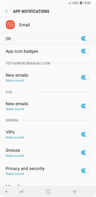 Press the indicator next to the required email account to turn the function on or off.