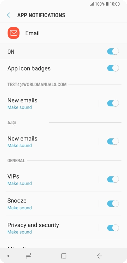 Press the indicator next to the required email account to turn the function on or off.