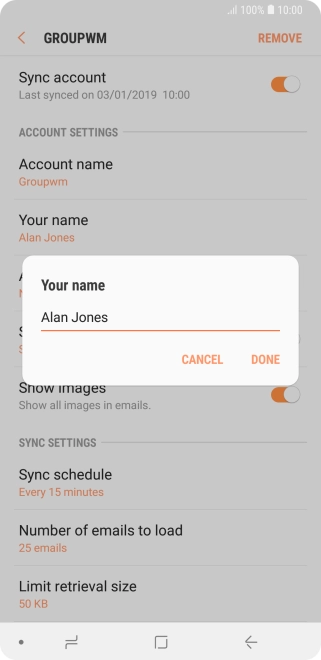 Key in the required sender name and press DONE.