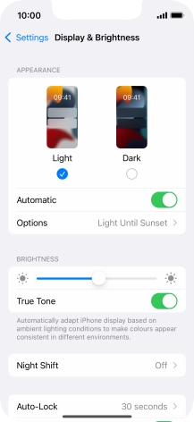 If you turn on the function, press Options and follow the instructions on the screen to select the required period of time for Dark Mode.