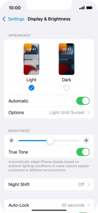 If you turn on the function, press Options and follow the instructions on the screen to select the required period of time for Dark Mode.