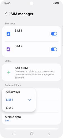 Press the required setting.