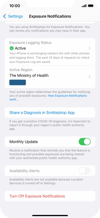 Press Turn Off Exposure Notifications.