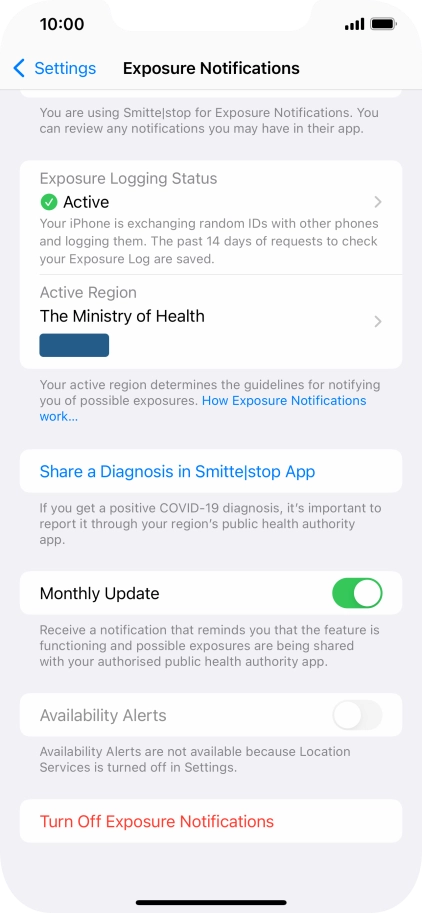 Press Turn Off Exposure Notifications.