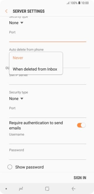 Press Never to keep email messages on the server when you delete them on your phone.