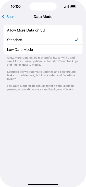 Press the required setting.